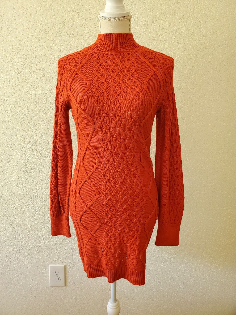 Cable Knit Sweater Dress in Deep Pumpkin Spice Latte Orange